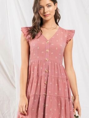 Button-Front Mauve Tiered Midi Dress